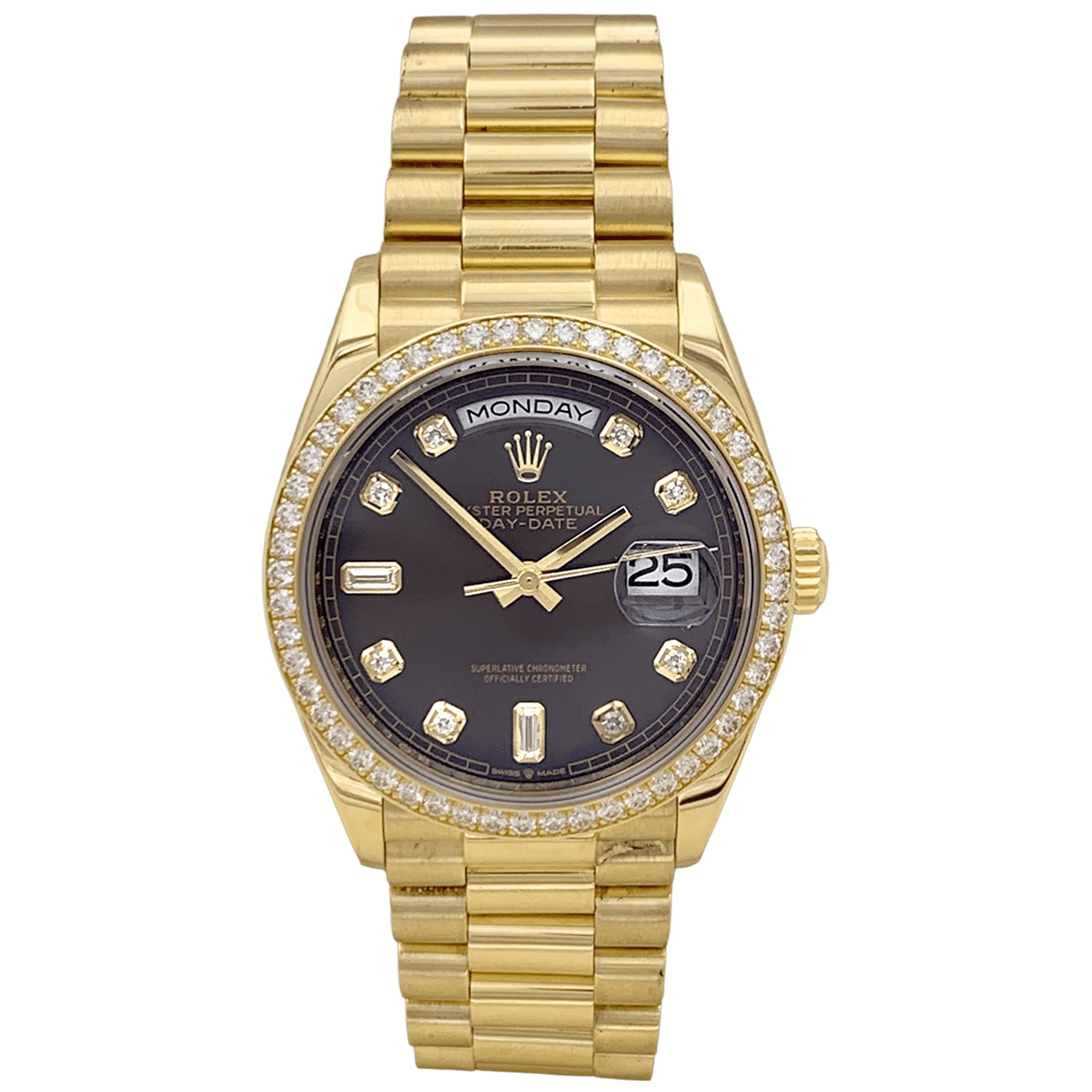 Montre Rolex, "Oyster Perpetual Day-Date", or jaune, diamants.