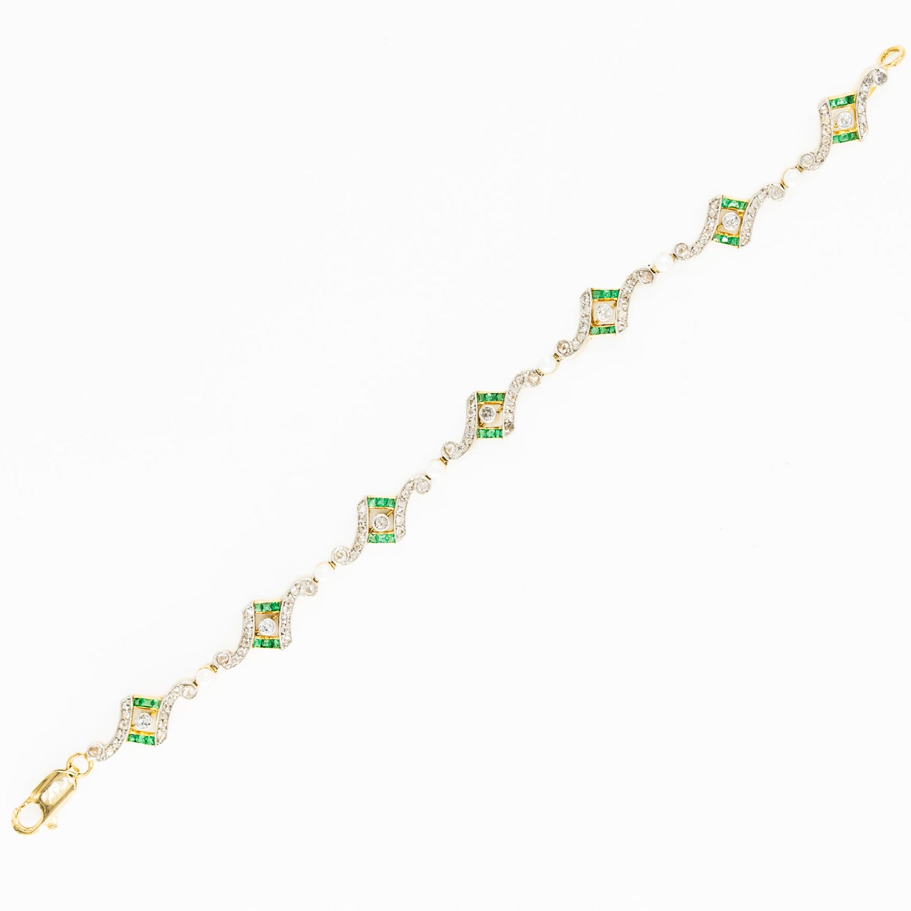 Bracelet Art Deco en or jaune, platine, perles, émeraudes et diamants