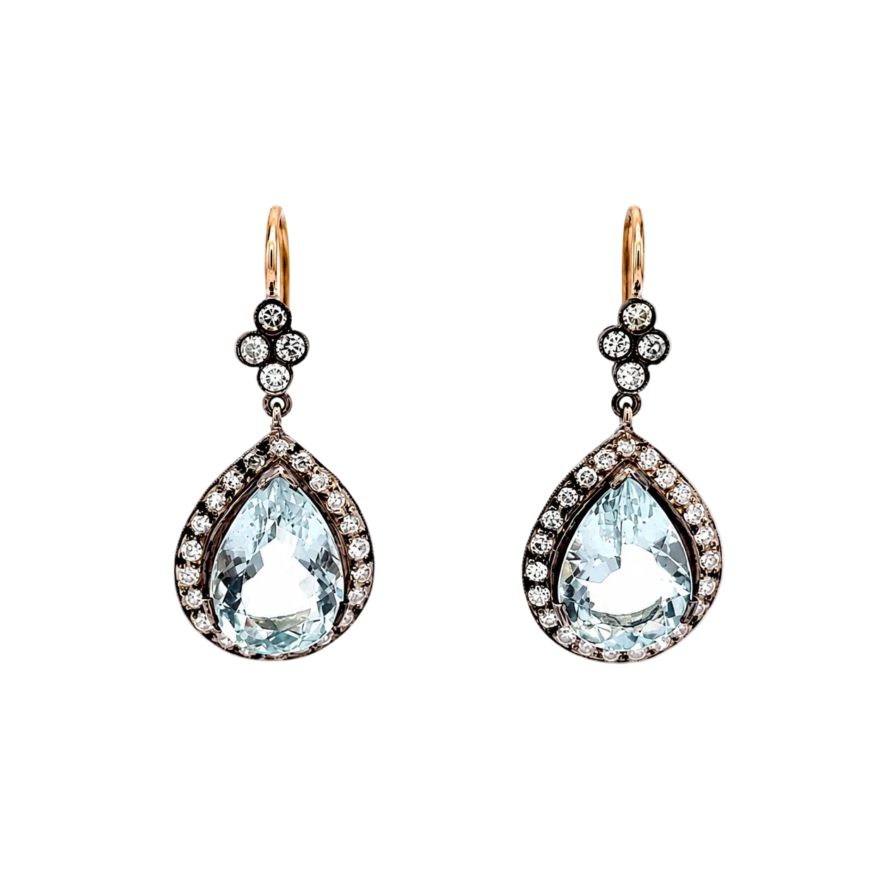 Boucles d'oreilles Pendantes en or jaune, argent, aigues-marines et diamants