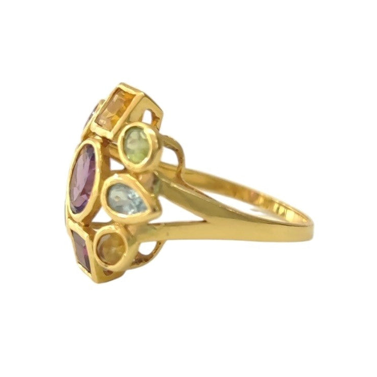 Bague Cocktail en or jaune, améthyste, péridots, aigues-marines, citrines et rhodolites