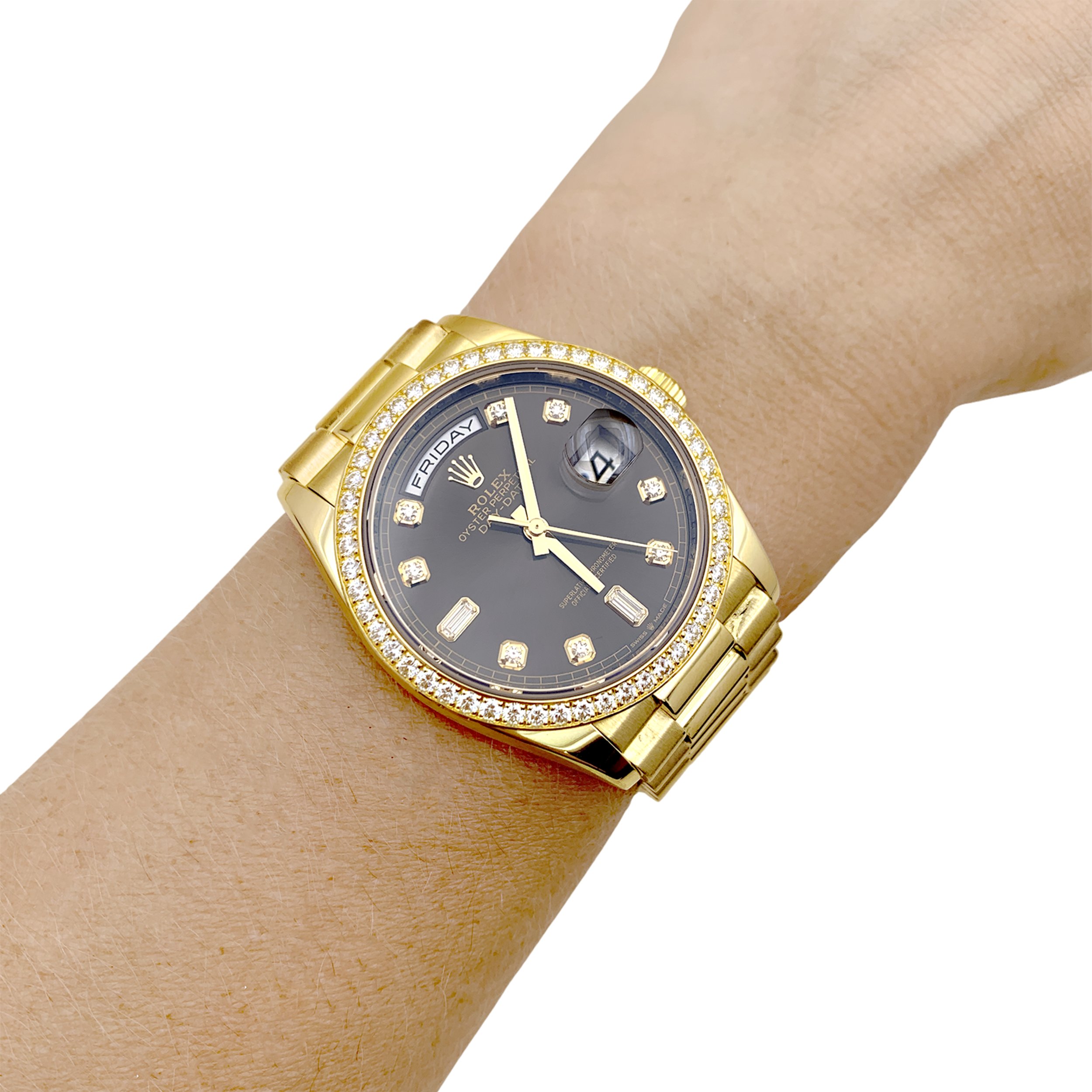 Montre Rolex, "Oyster Perpetual Day-Date", or jaune, diamants.