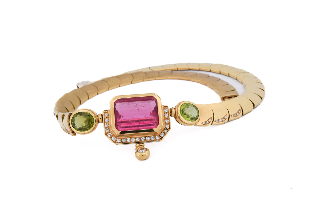Collier MANCADORI en or jaune, tourmaline, péridots et diamants