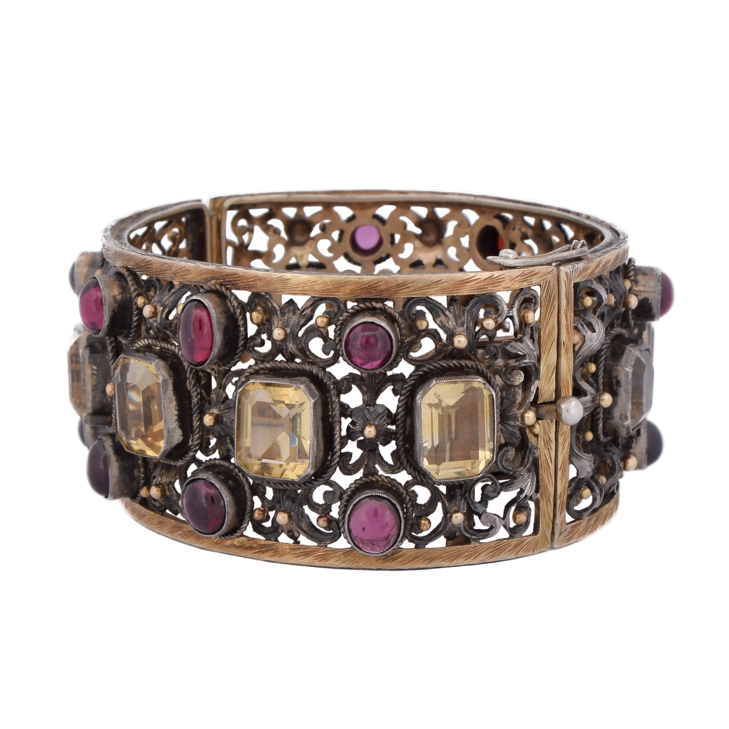 Bracelet Manchette en or jaune, argent, béryls et grenats