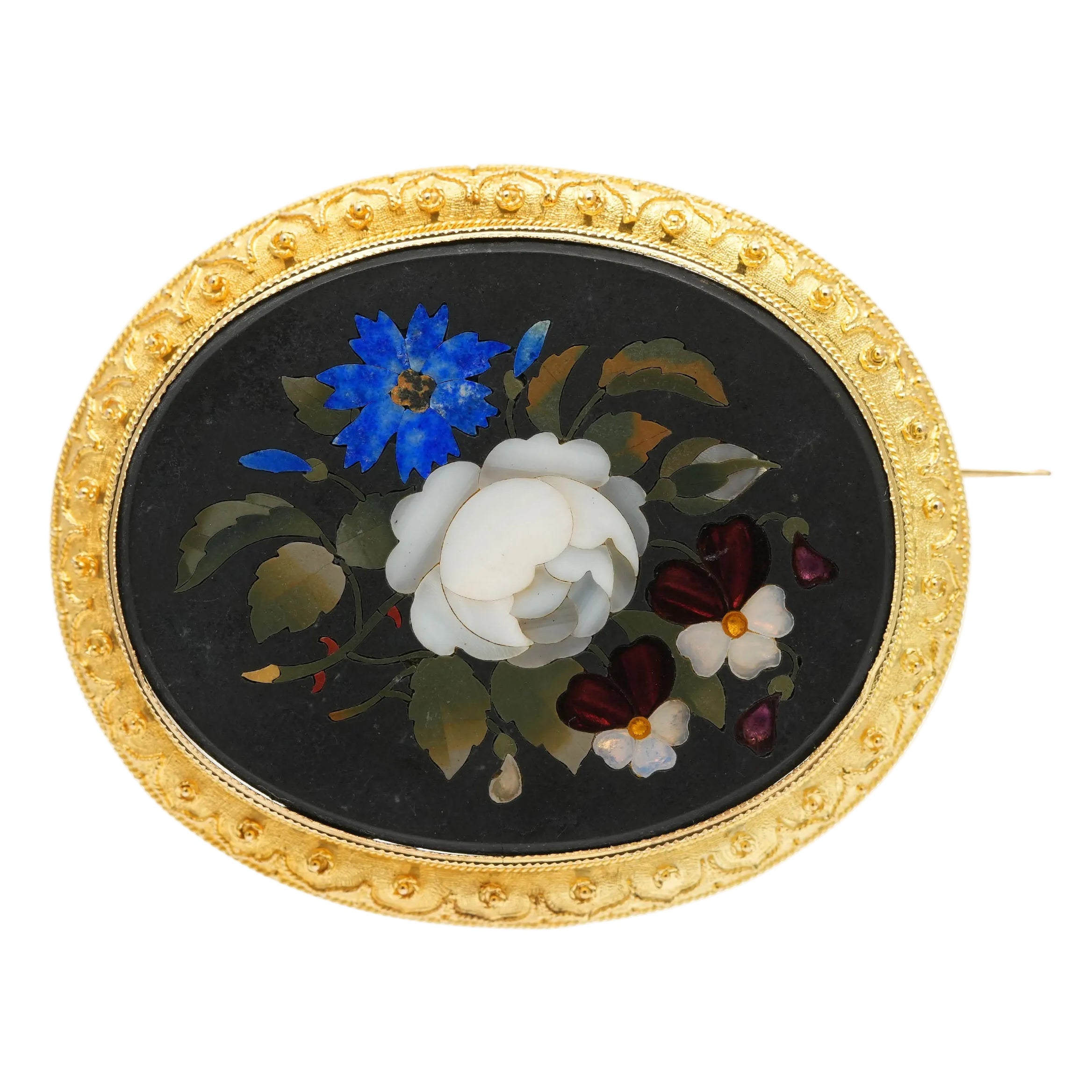 Broche Épingle en or jaune, jaspe, lapis-lazuli, nacre et opale