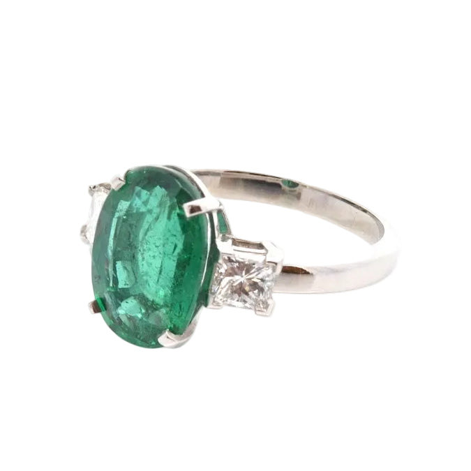 Bague Trilogie en platine, émeraude et diamants