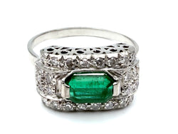 Bague Art-Déco en or, platine, émeraude et diamants