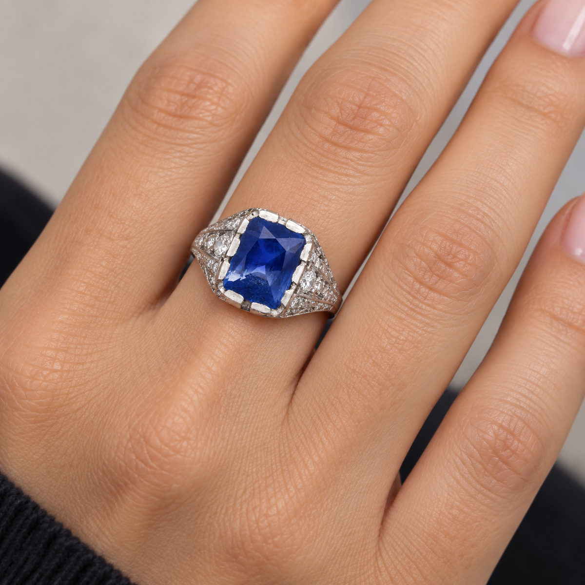 Bague Cocktail en platine, saphir et diamants