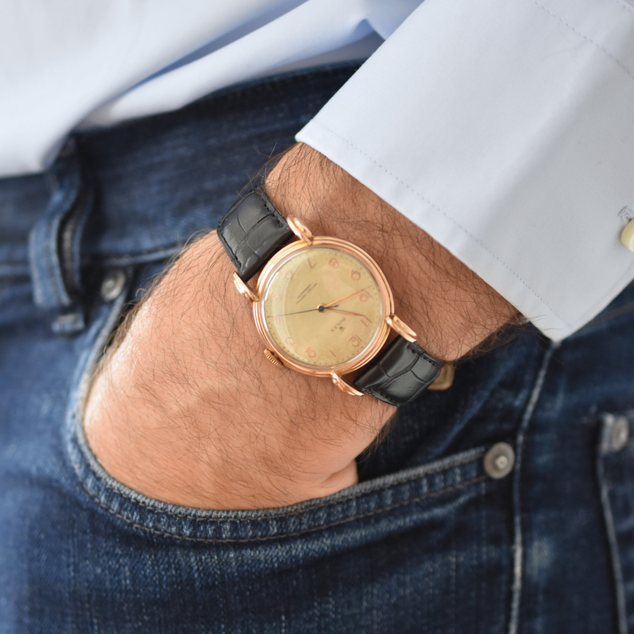 Montre ROLEX "Chronomètre" en or rose, acier et cuir
