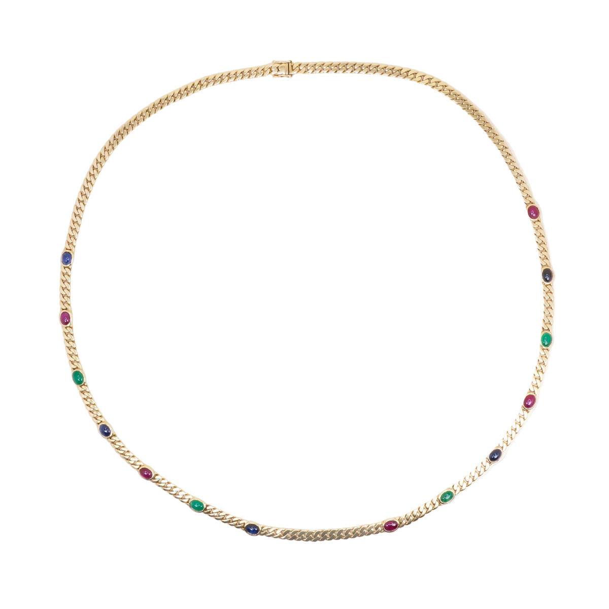 Collier Sautoir en or jaune, émeraudes, saphirs et rubis