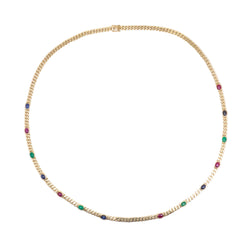 Collier Sautoir en or jaune, émeraudes, saphirs et rubis