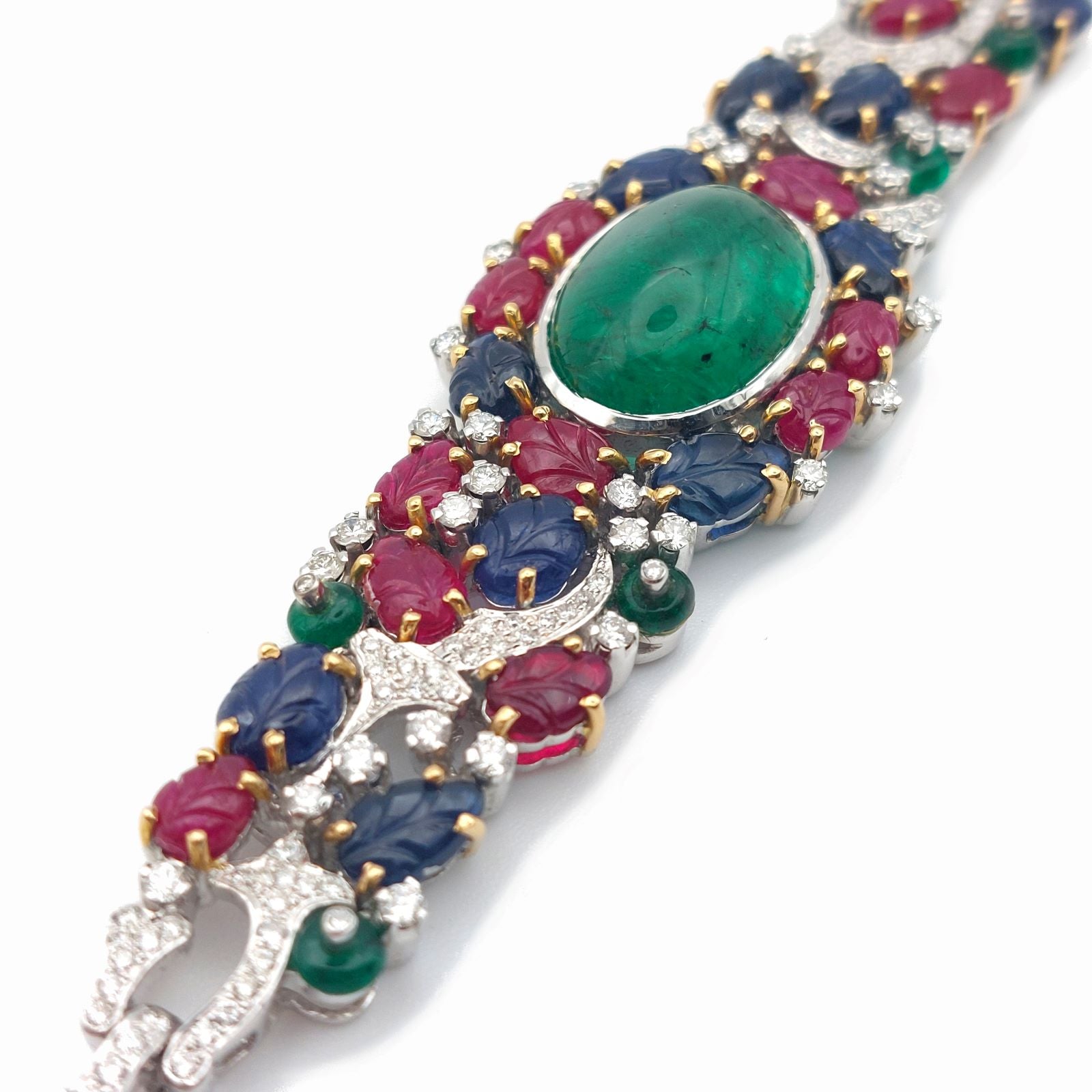 Bracelet Tutti Frutti "rêve indien", cabochon d'émeraude, rubis, saphirs et diamants, or 18k