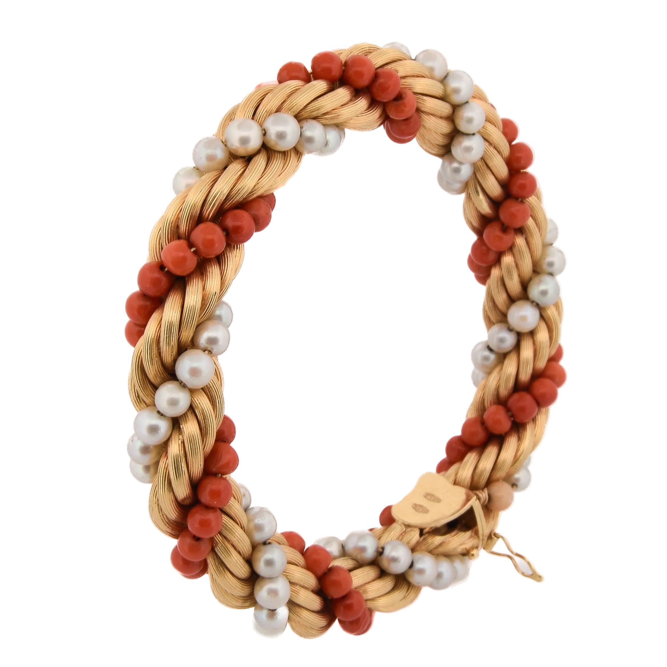 Parure en or jaune, corail et perles