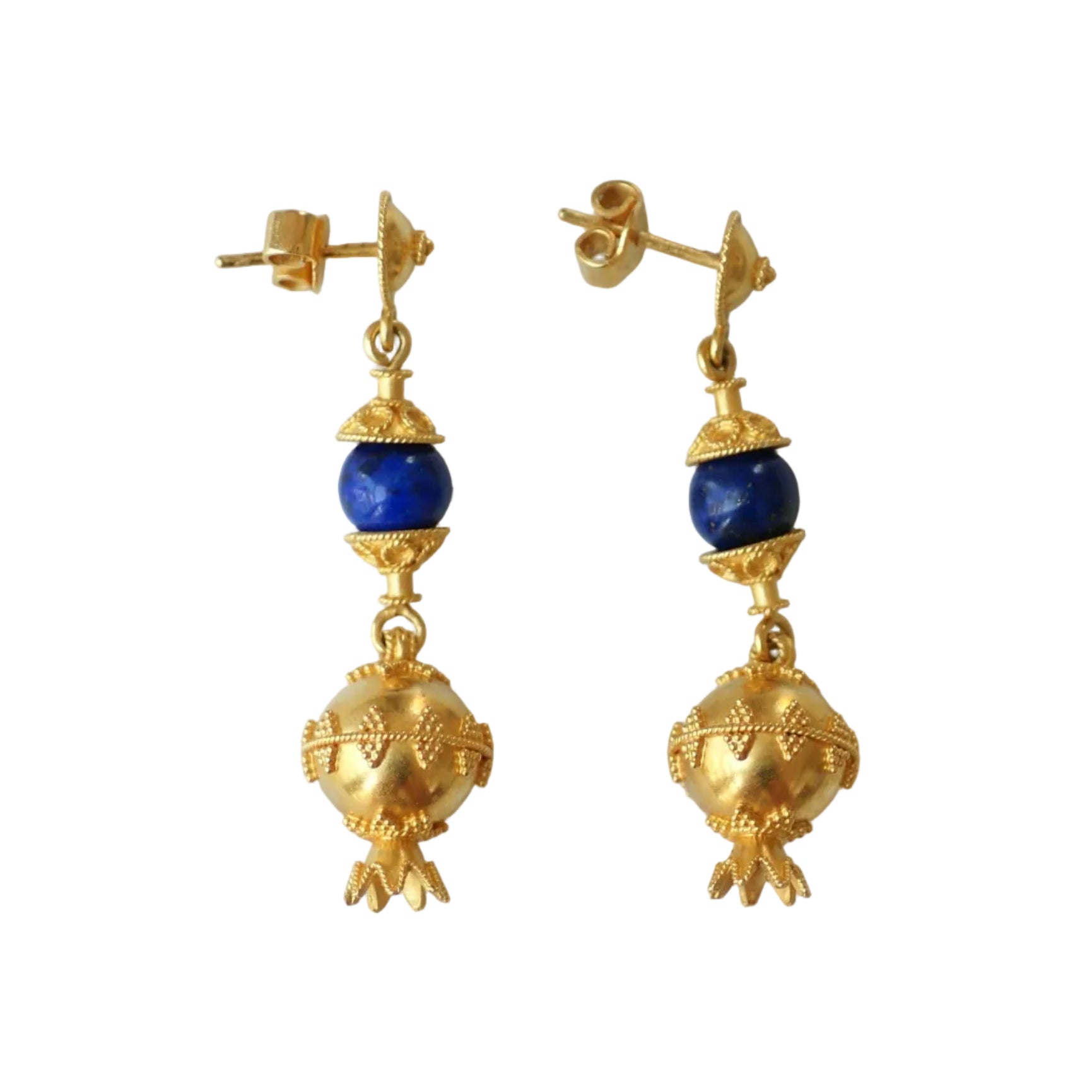 Boucles d'oreilles Pendantes en or jaune, lapis-lazuli et grenades