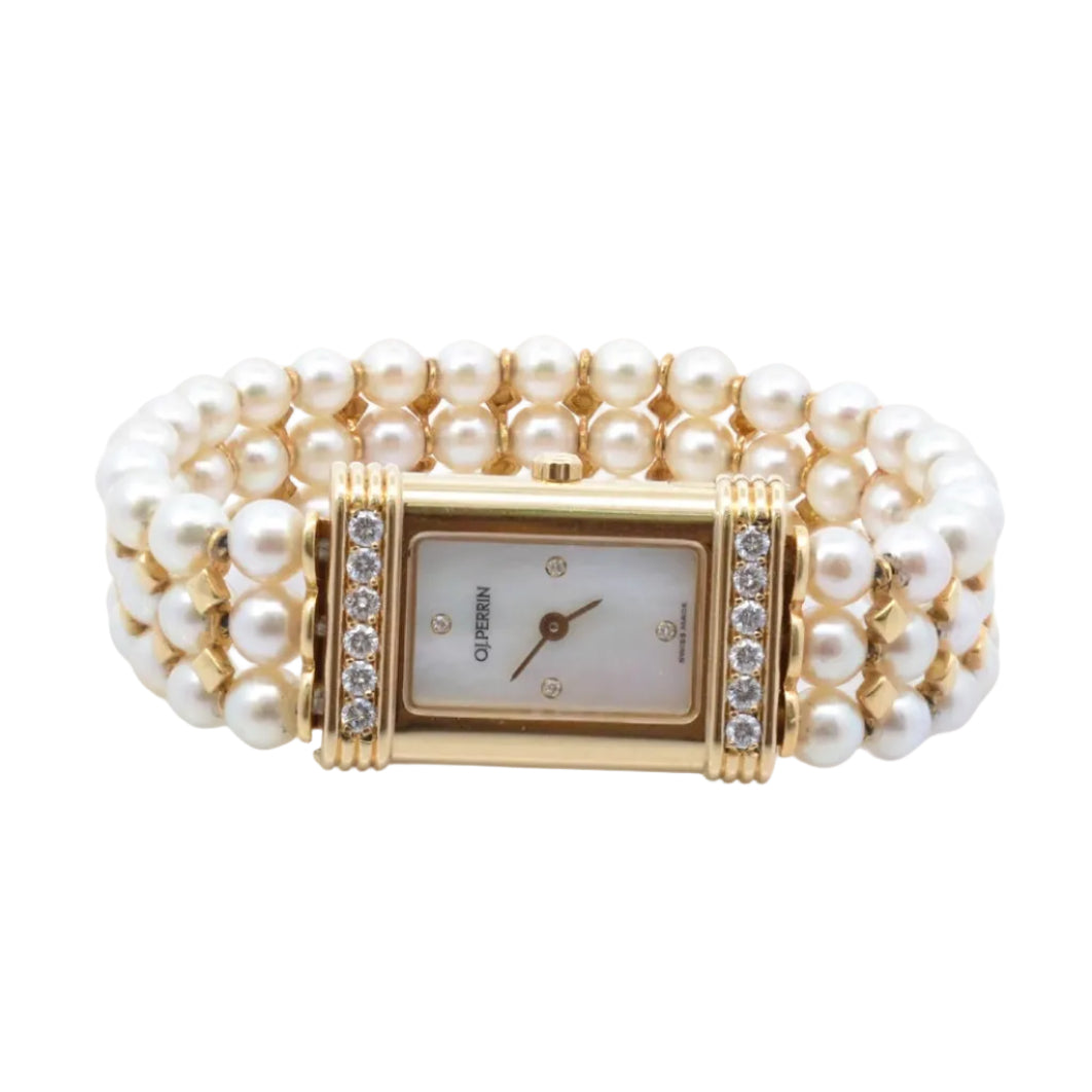 Montre O.J. PERRIN en or jaune, perles et diamants