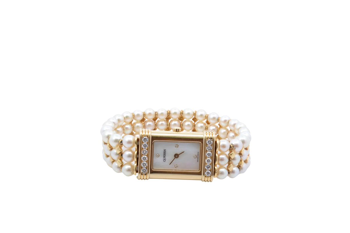 Montre OJ Perrin en or jaune, perles et diamants