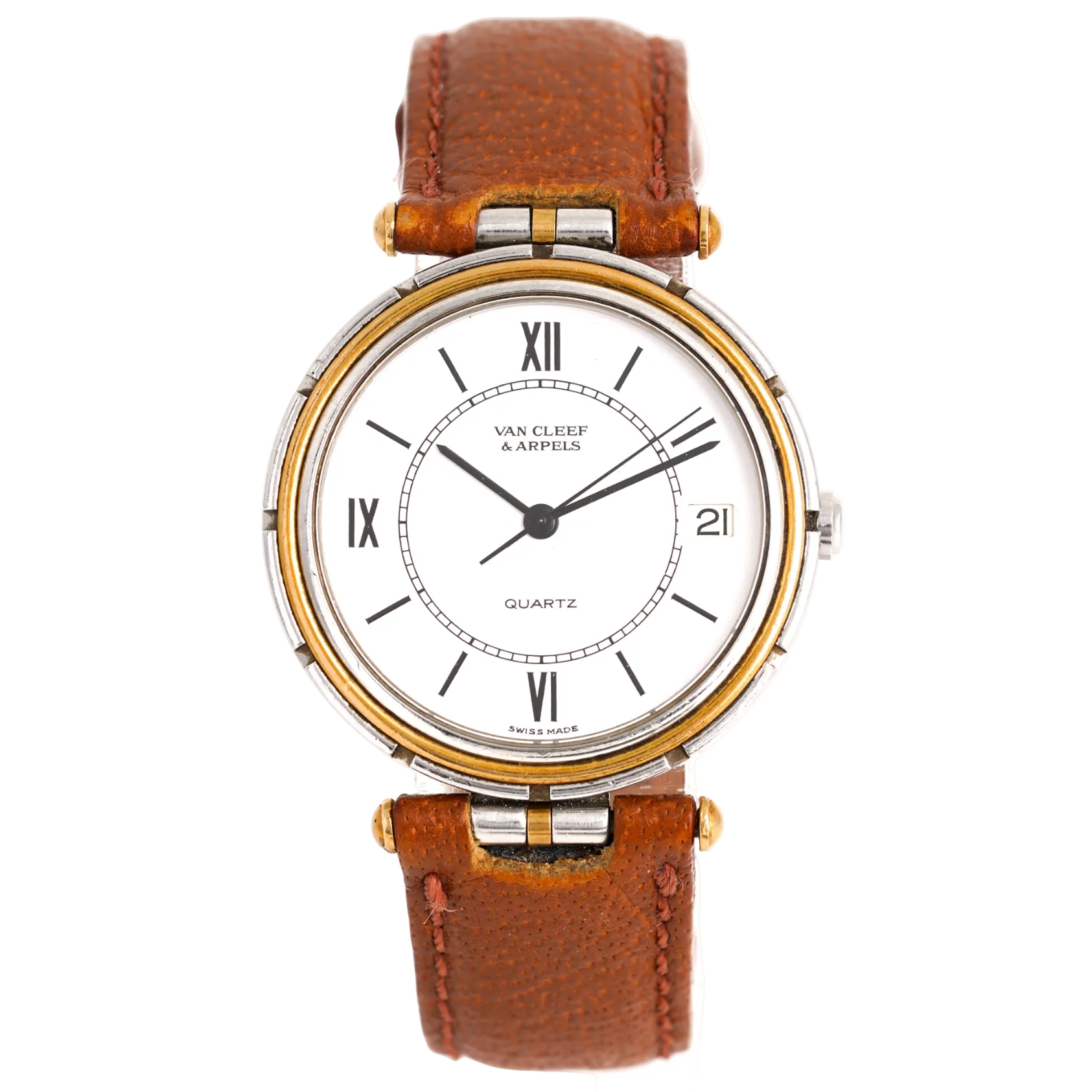 Montre VAN CLEEF & ARPELS "PA 49" GM en or jaune, acier et cuir
