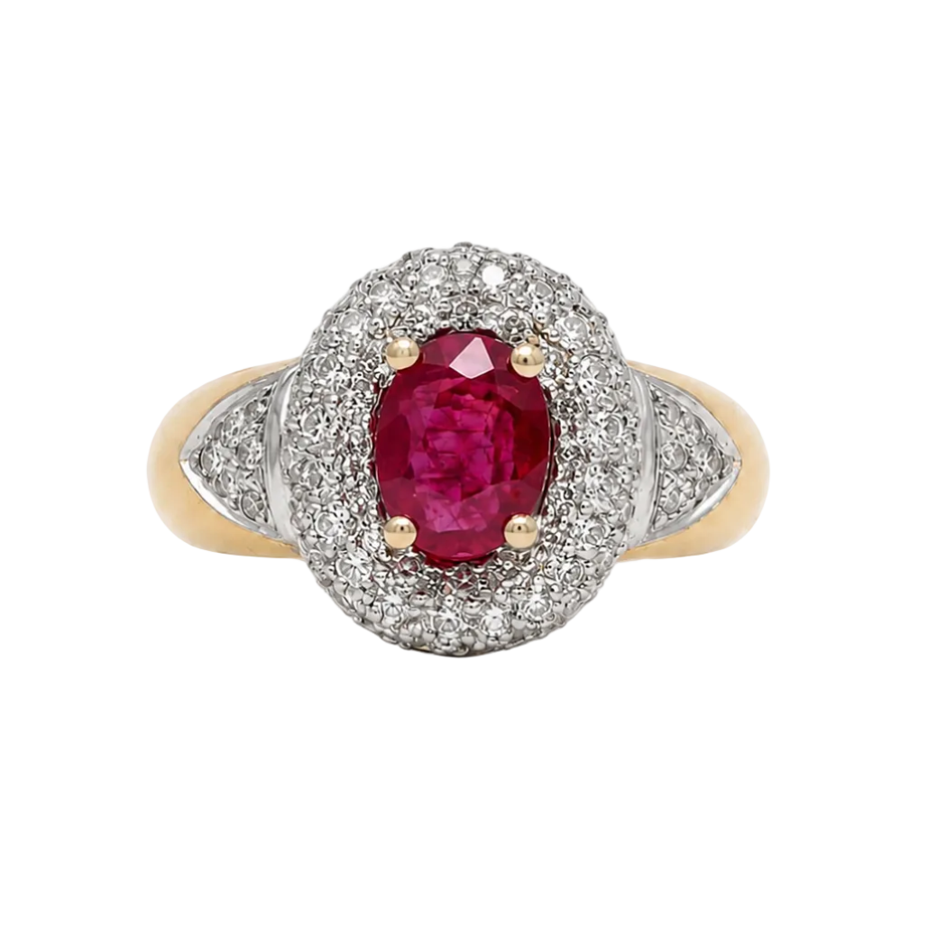 Bague Entourage en or blanc, or jaune, rubis et diamants