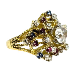 Bague ancienne or jaune, rubis, saphirs, et diamants