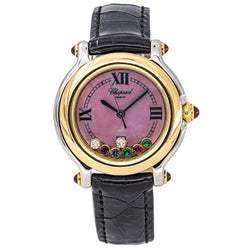 Montre CHOPARD "Happy Sport" en or jaune, acier, nacre, cuir, rubis, émeraudes, saphir et diamants