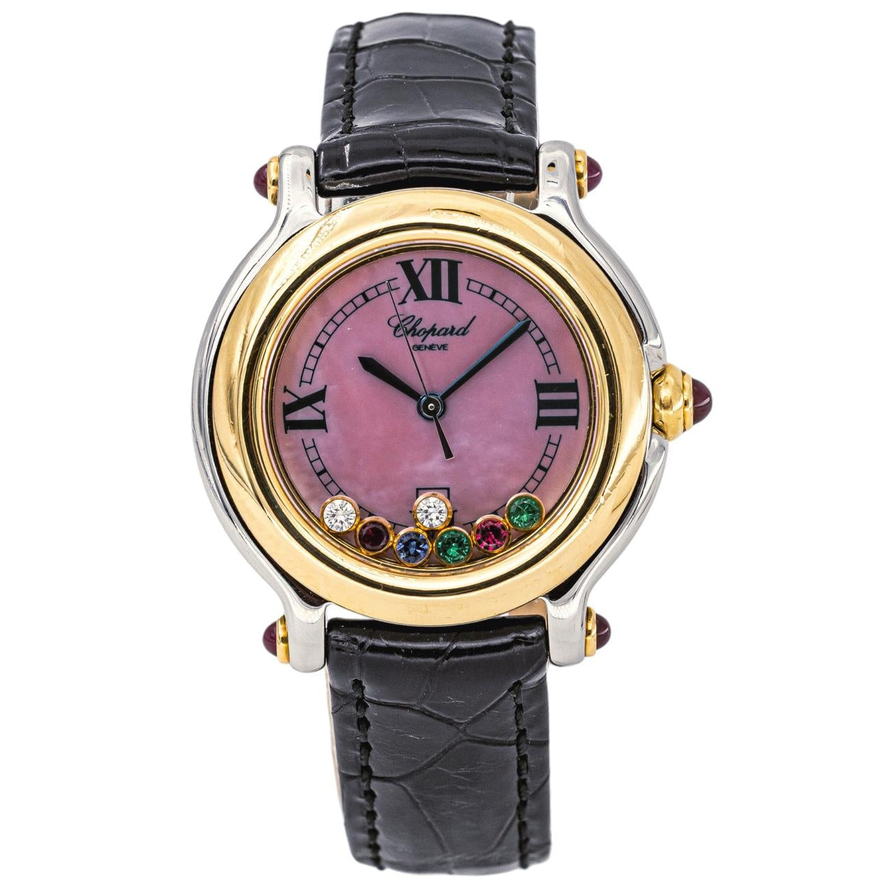Montre CHOPARD "Happy Sport" en or jaune, acier, nacre, cuir, rubis, émeraudes, saphir et diamants