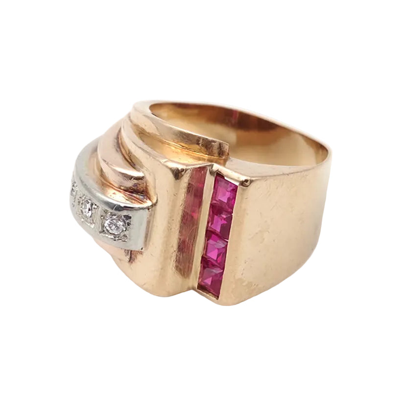 Bague Tank en or jaune, platine, rubis et diamants