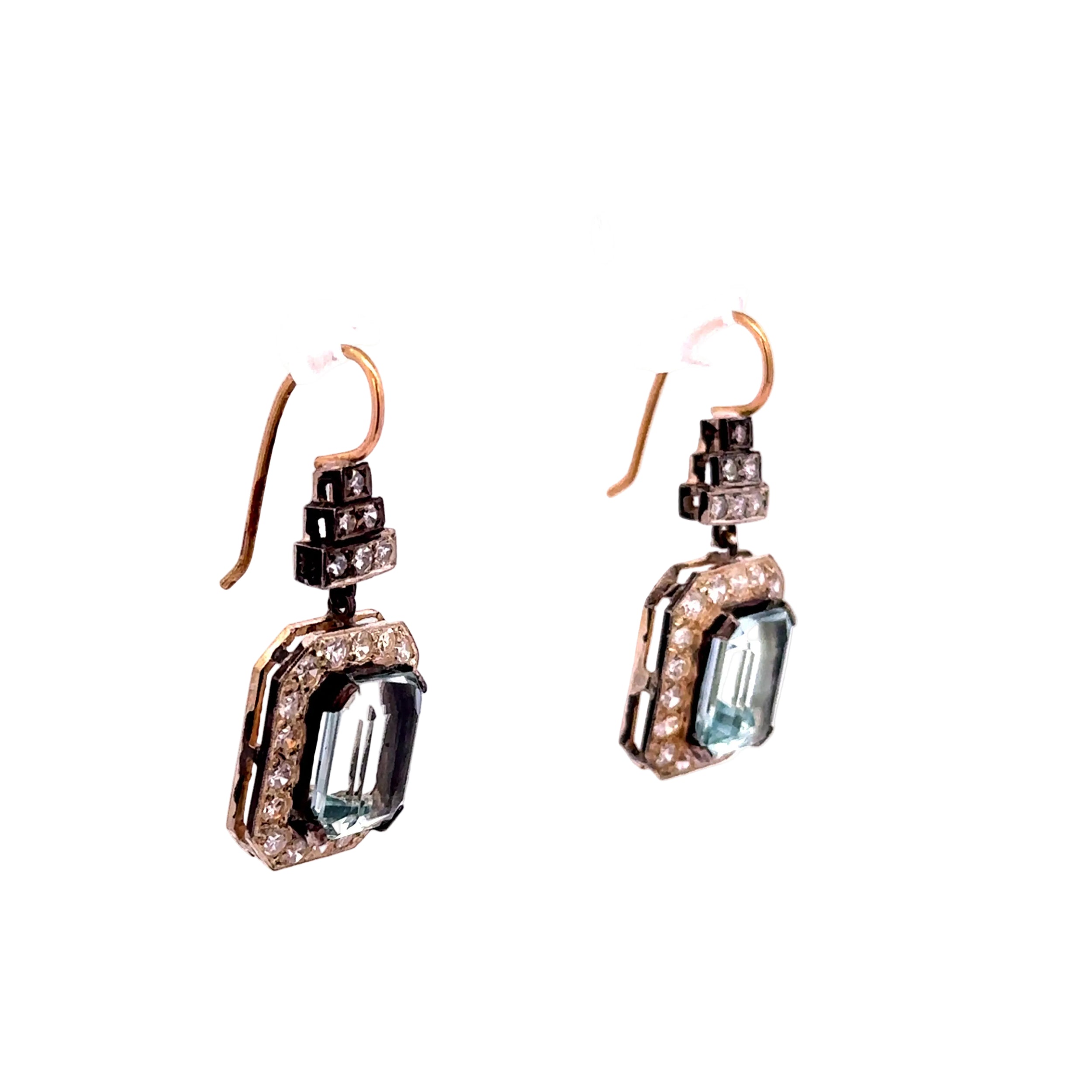 Boucles d'oreilles Pendantes en or jaune, argent, aigues-marines et diamants