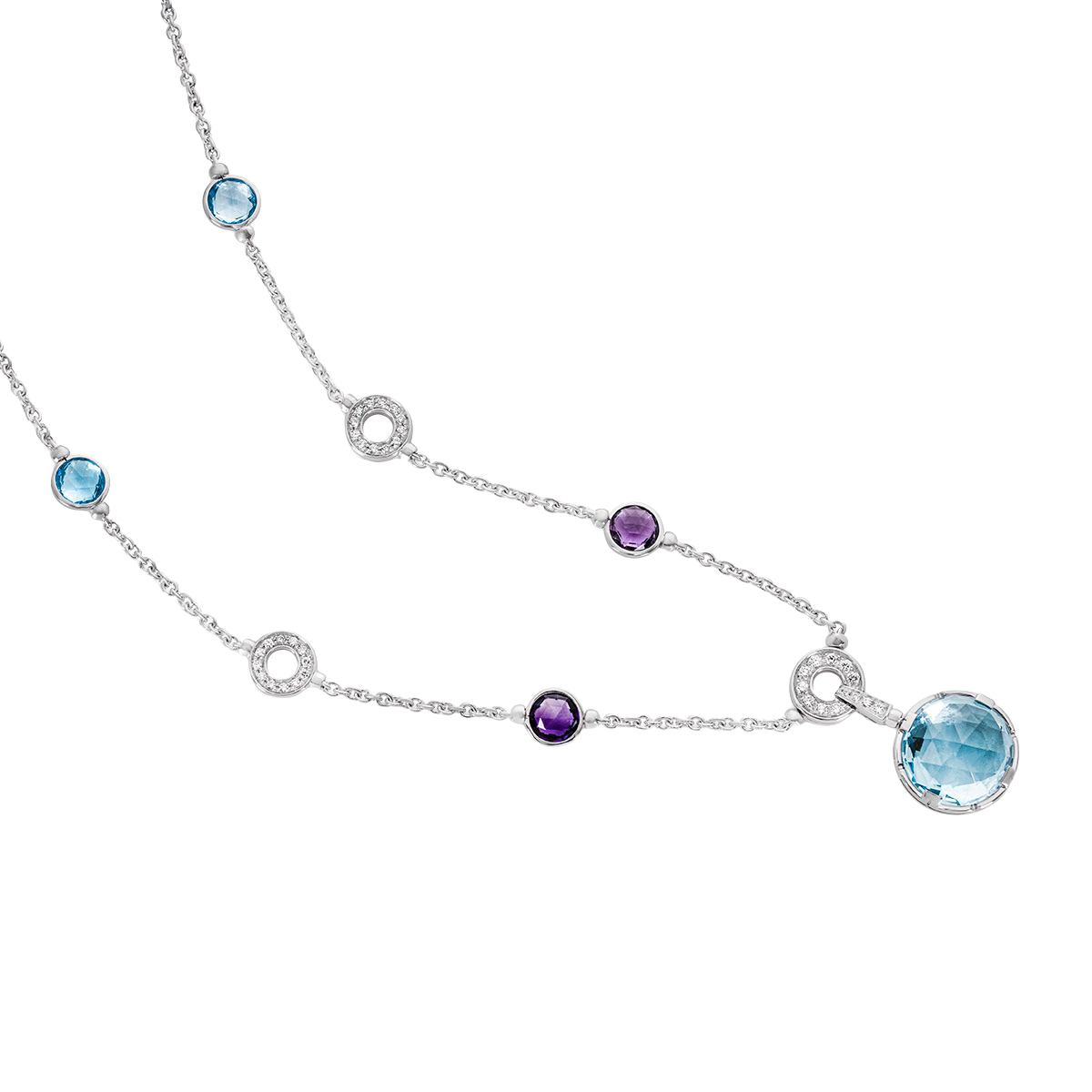 Collier BULGARI "Parentesi Cocktail" en or blanc, topazes bleues, améthystes et diamants