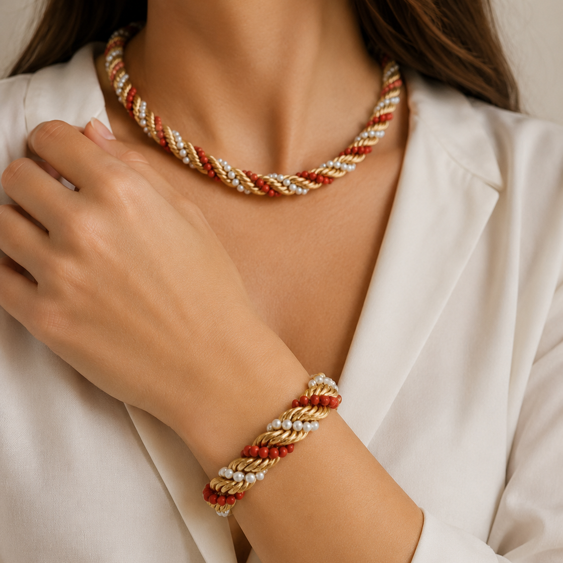 Parure en or jaune, corail et perles