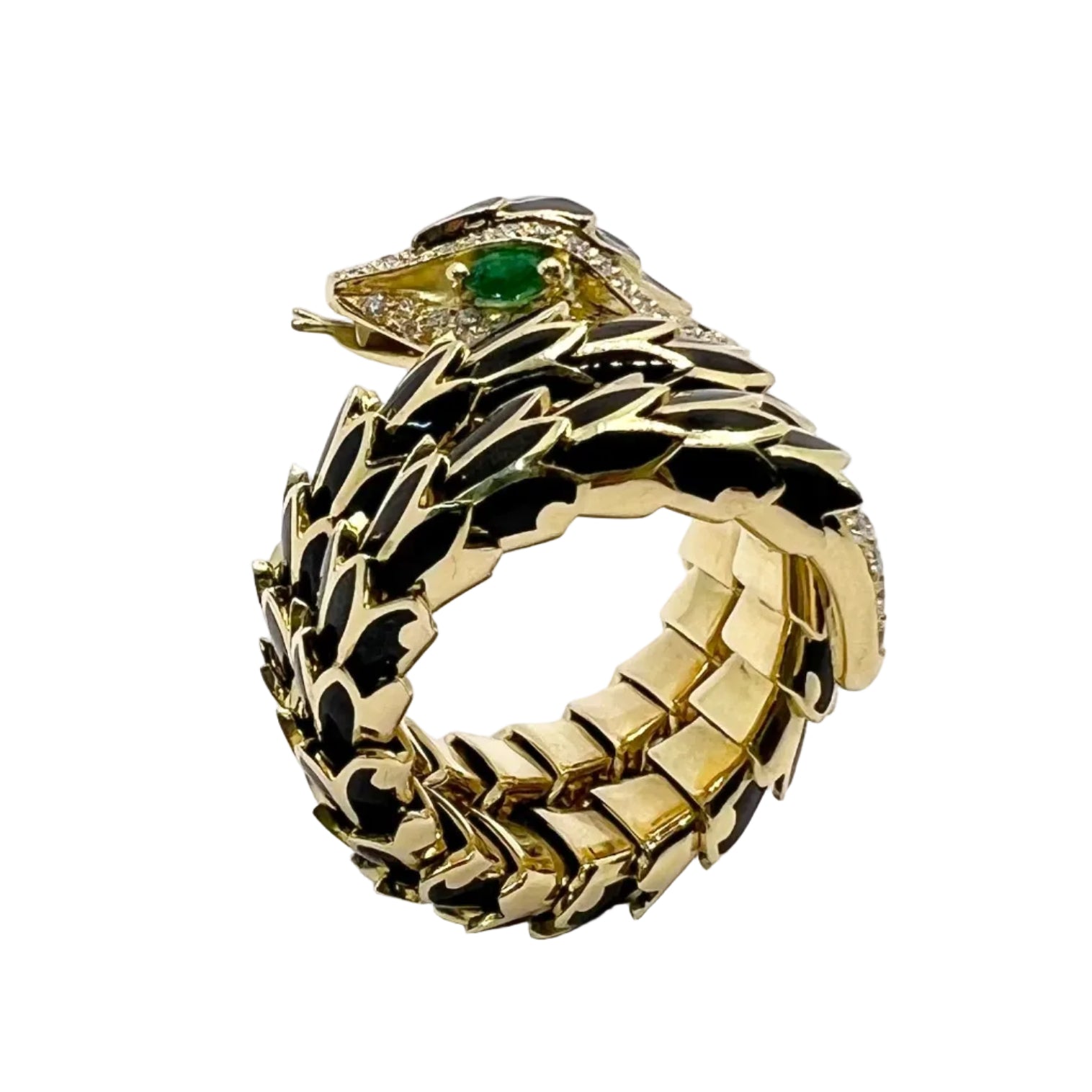 Bague en or jaune, émail, émeraudes et diamants