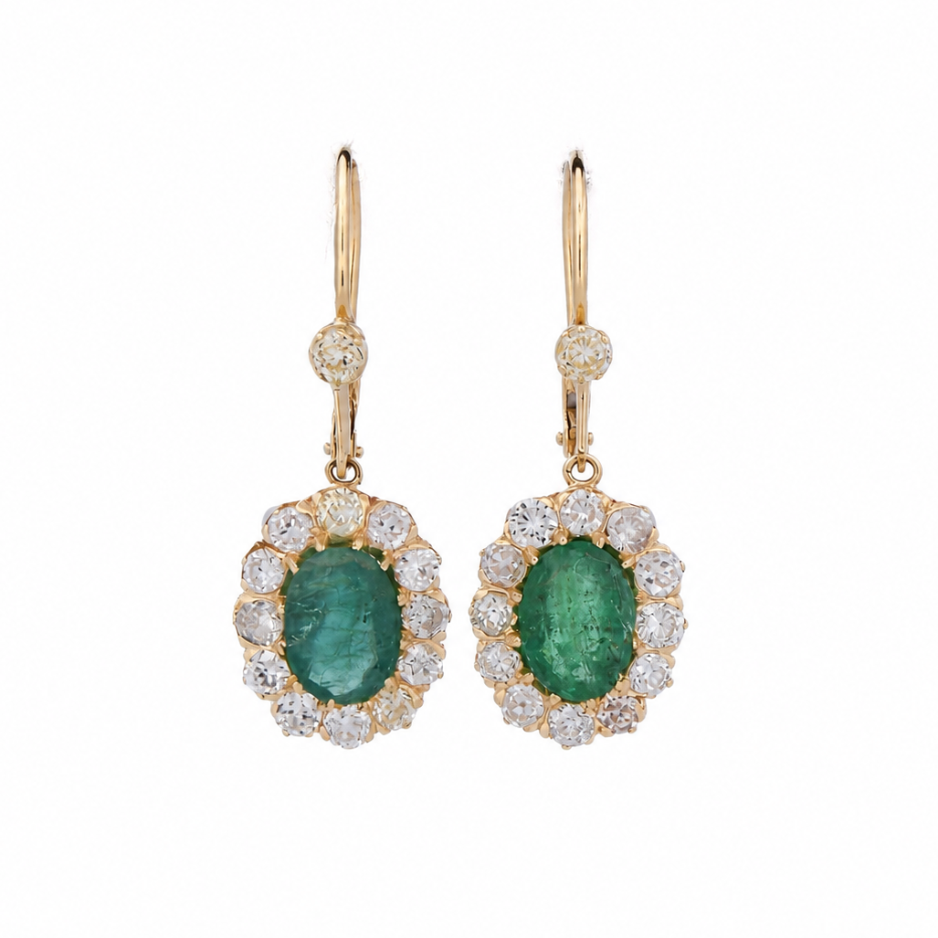 Boucles d'oreilles Pendantes en or jaune, émeraudes et diamants