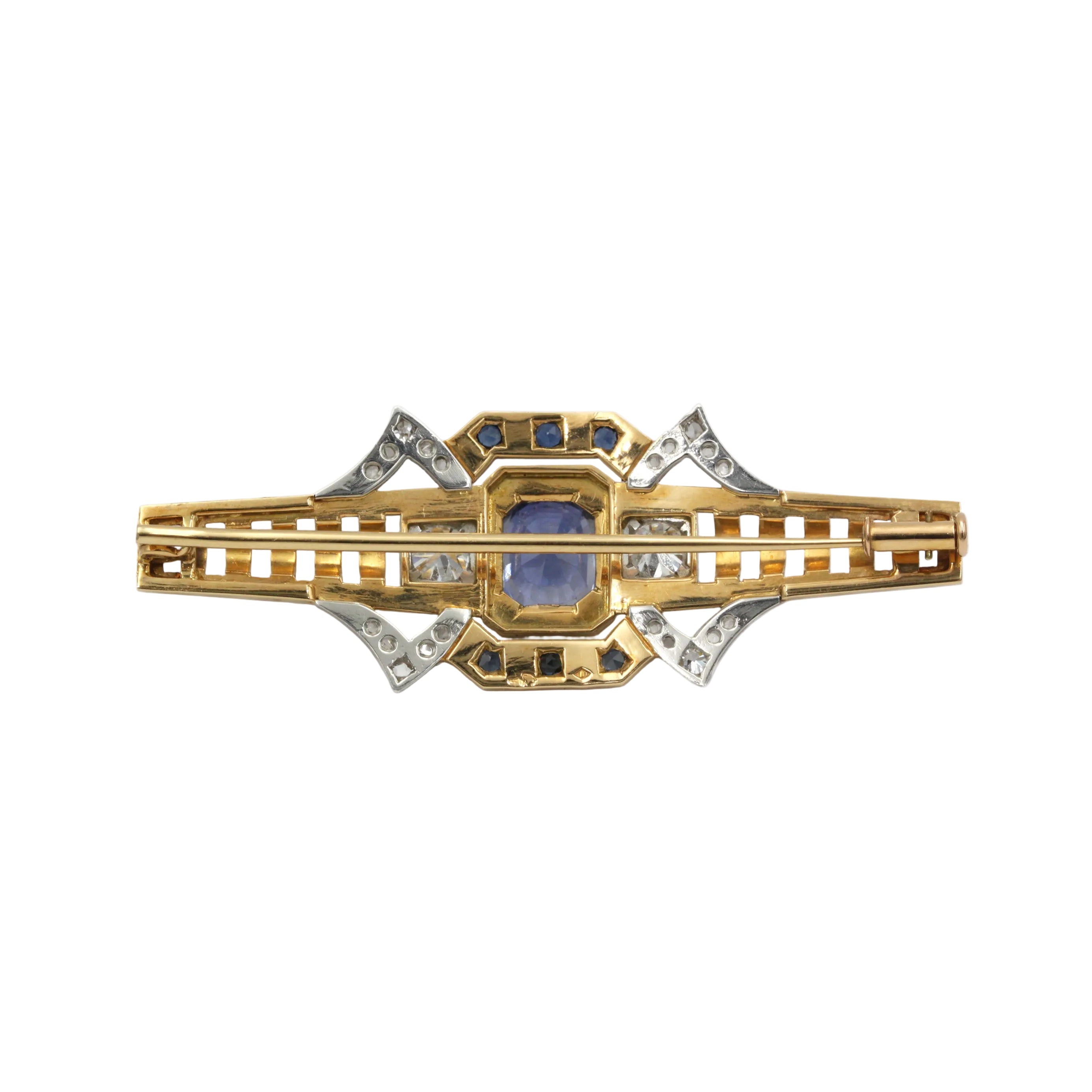 Broche Épingle en or jaune, platine, saphirs et diamants