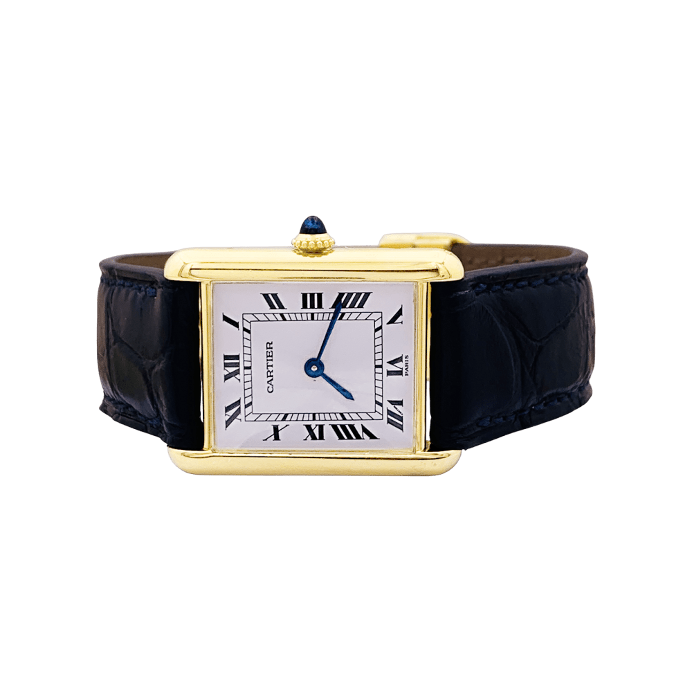 Montre Cartier, "Tank Louis Cartier", or jaune, bracelet cuir.