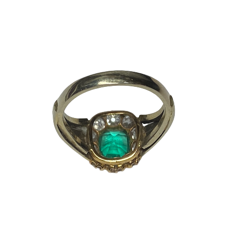 Bague Entourage en or jaune, émeraude et diamants