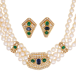 Parure REPOSSI en or jaune, perles, saphirs, émeraudes et diamants