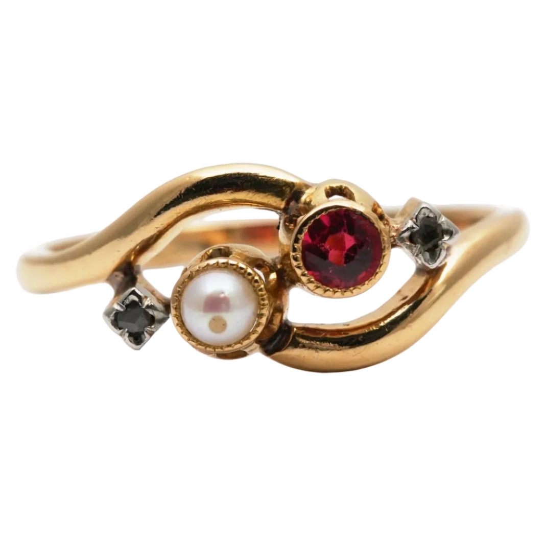 Bague Toi & Moi en or jaune, perle, rubis et diamants