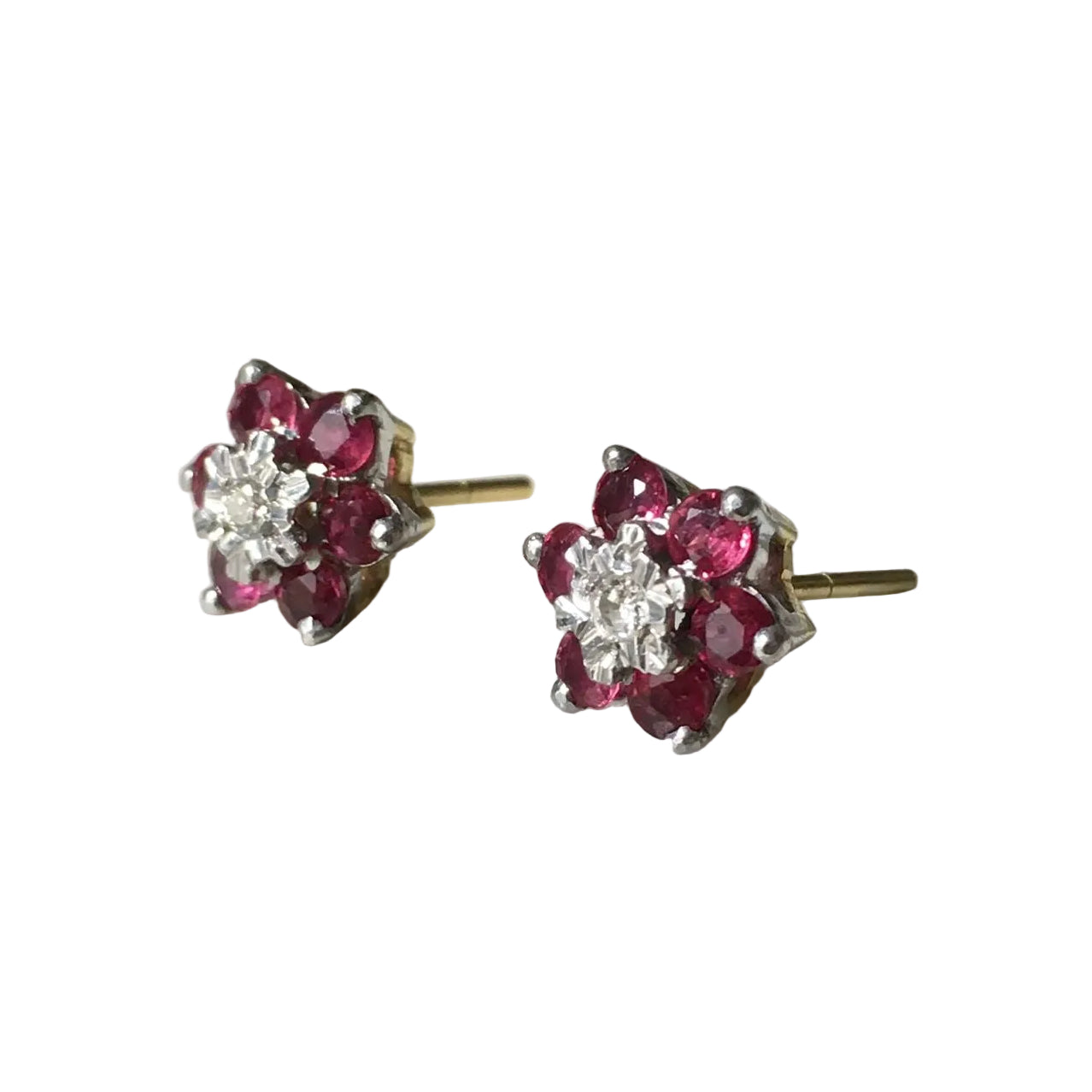 Boucles d'oreilles Puces en or blanc, or jaune, rubis et diamants