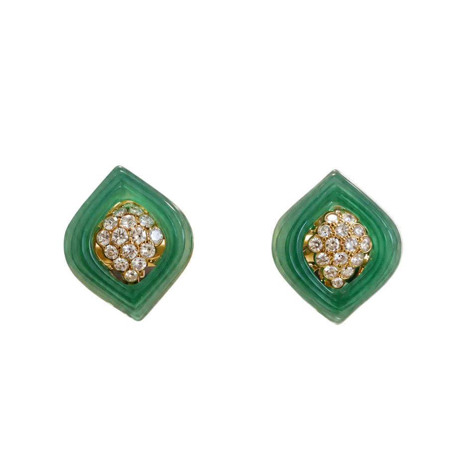 Boucles d'oreilles Pendantes RENE KERN en or jaune, chrysoprases et diamants