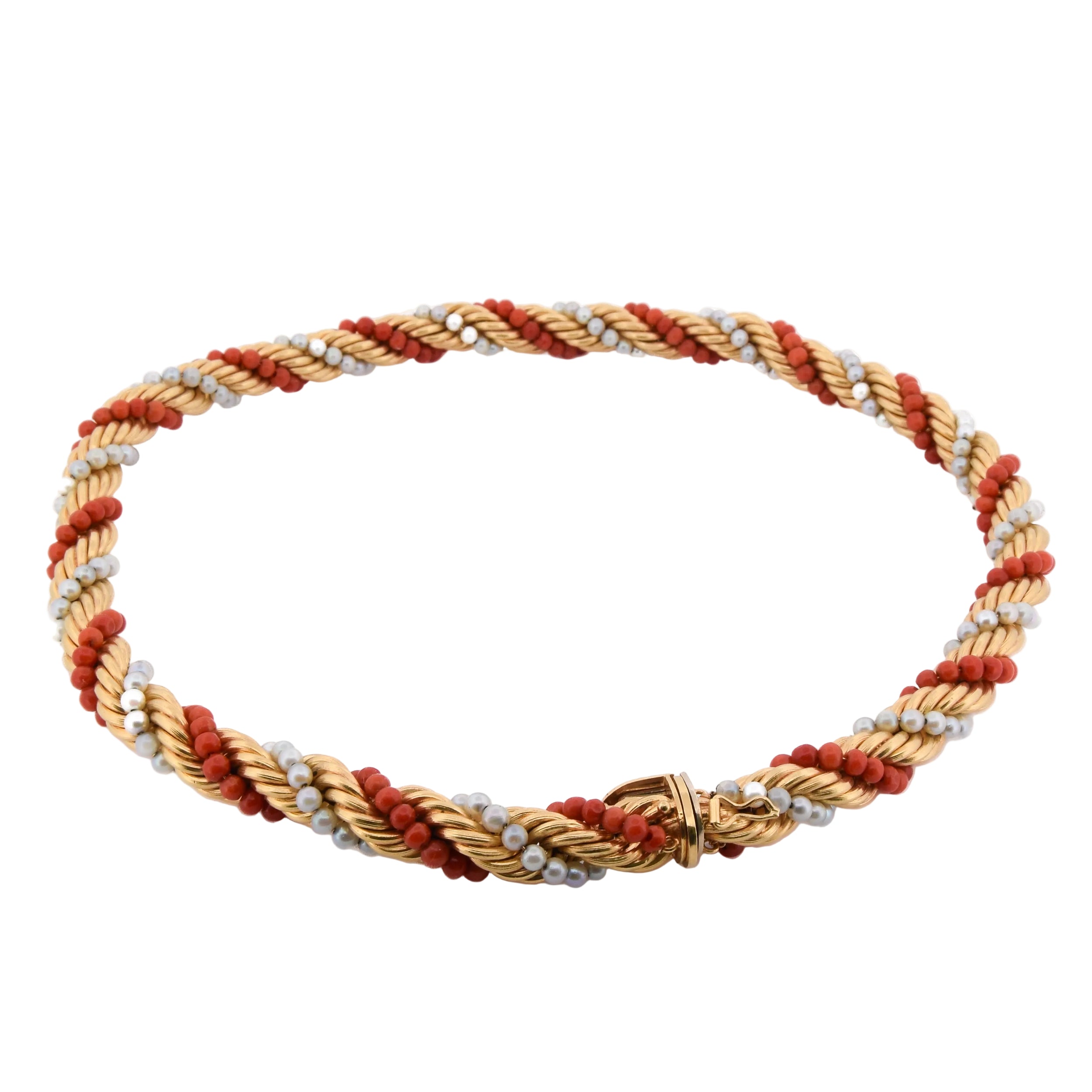 Parure en or jaune, corail et perles