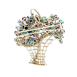 Broche en or jaune, rubis, saphirs, émeraudes et diamants