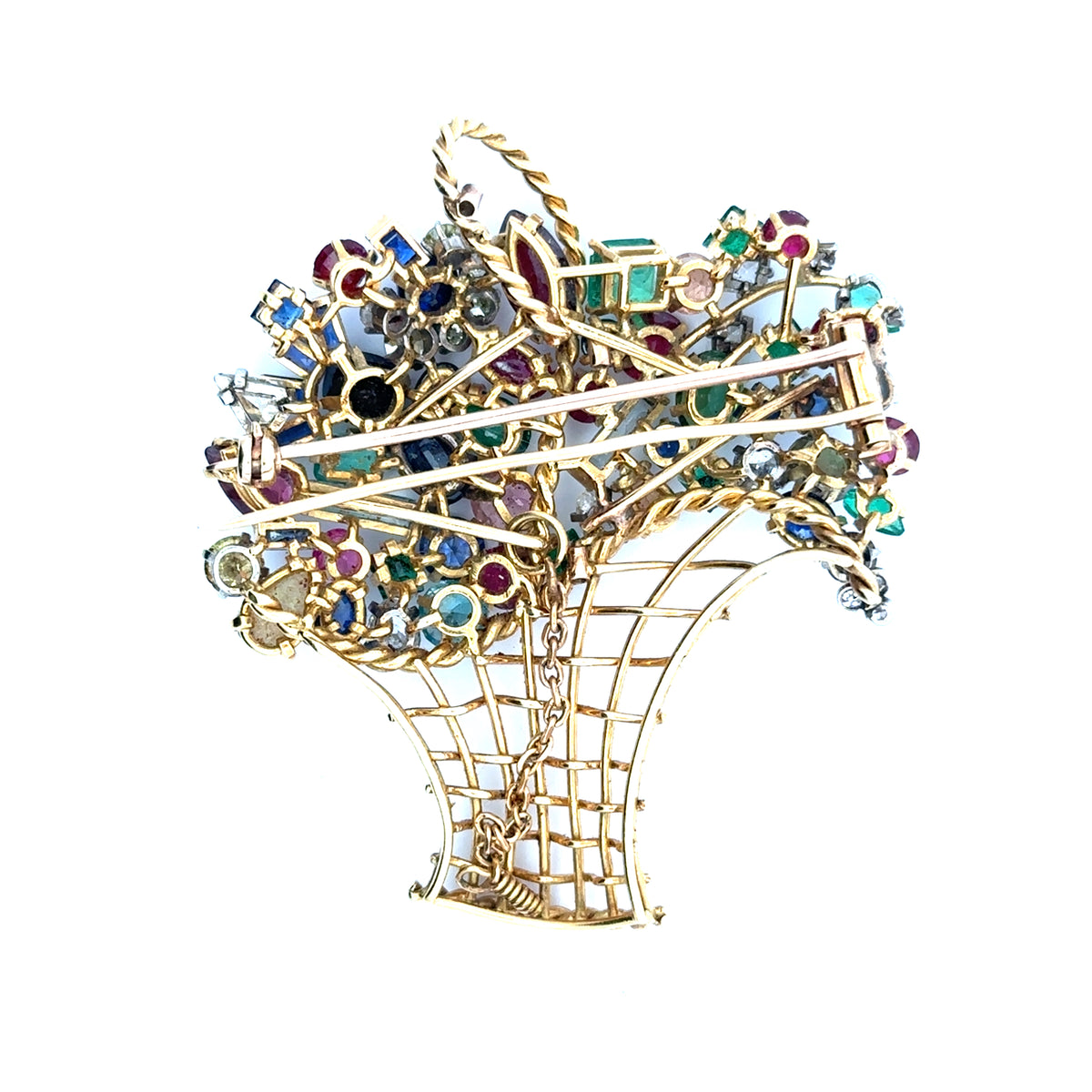 Broche en or jaune, rubis, saphirs, émeraudes et diamants