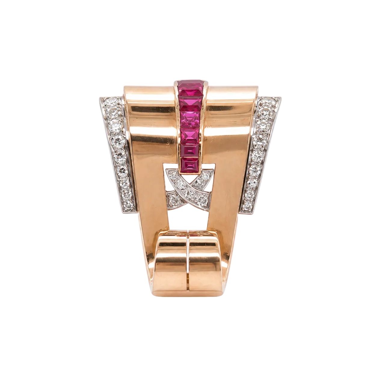 Broche Clip en or blanc, or rose, rubis et diamants