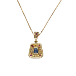 Collier Pendentif en or jaune, saphir, rubis et diamants