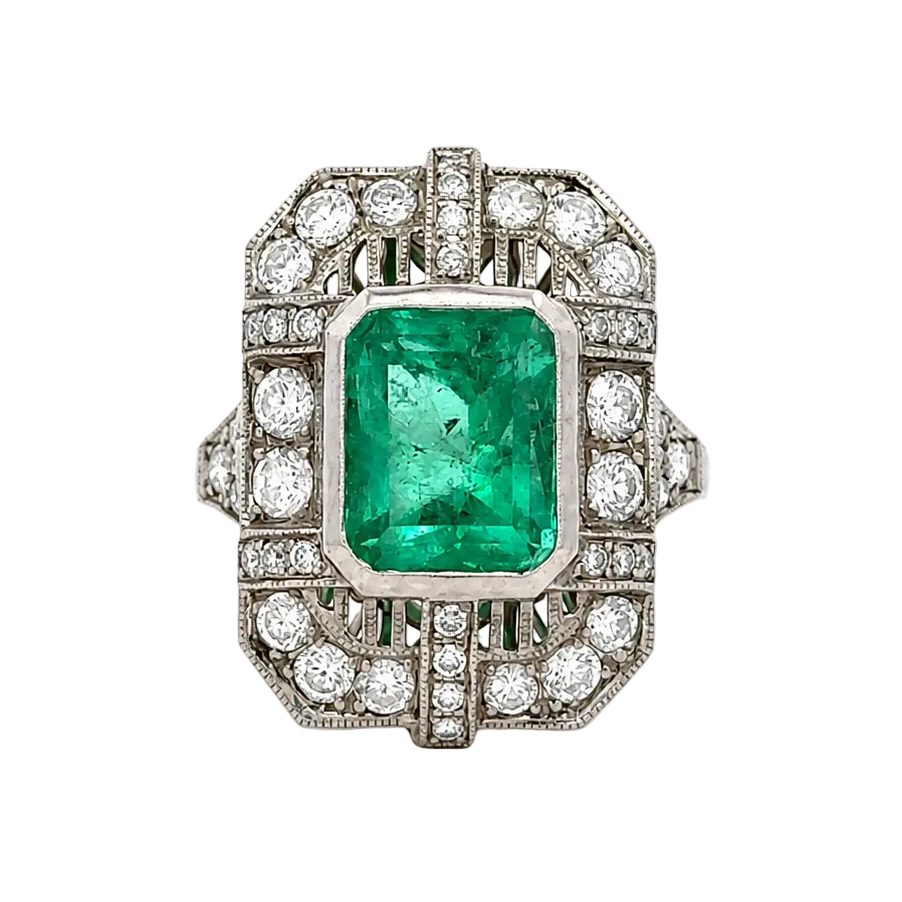 Bague Entourage en or blanc, émeraude et diamants