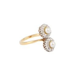 Bague Toi & Moi en or jaune, platine, perles et diamants