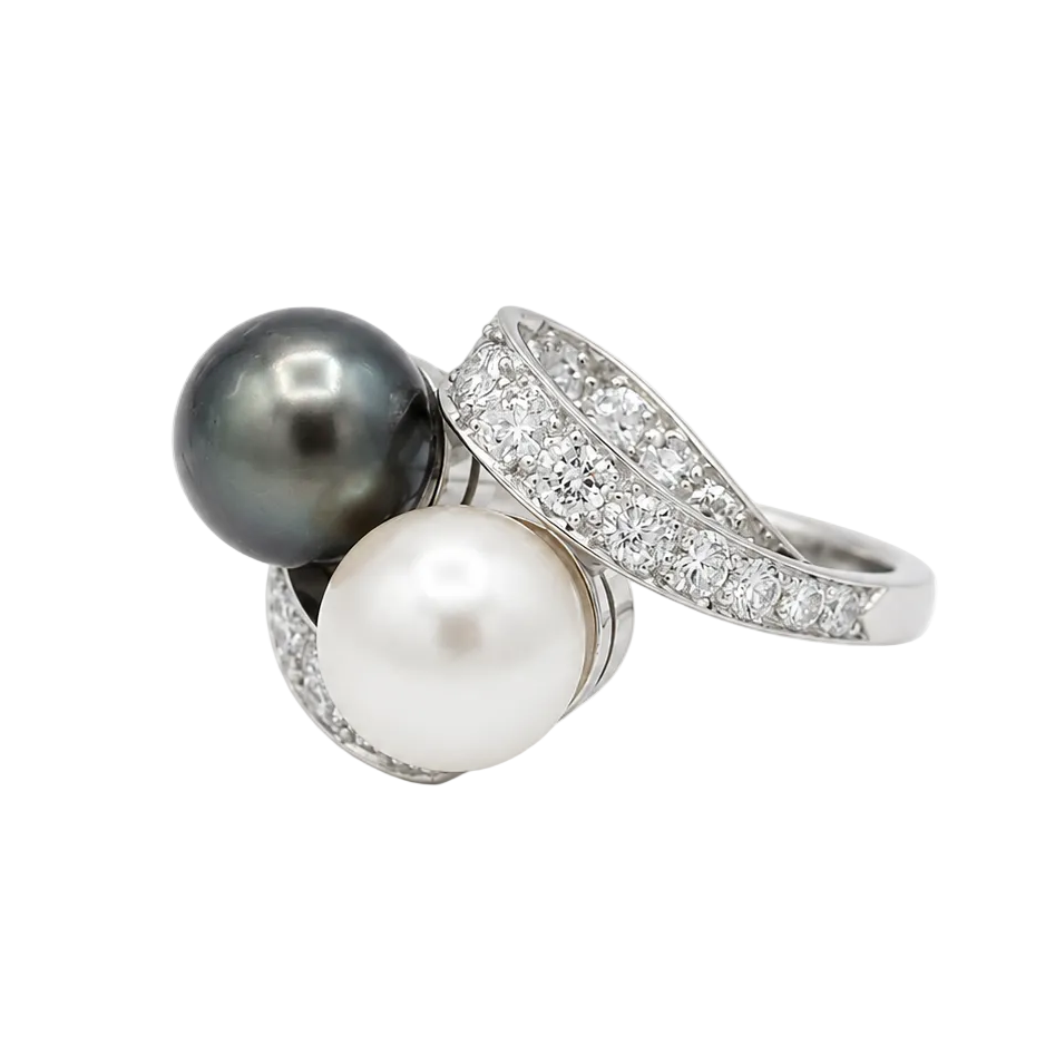 Bague Toi & Moi en platine, perles et diamants