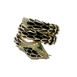 Bague en or jaune, émail, émeraudes et diamants