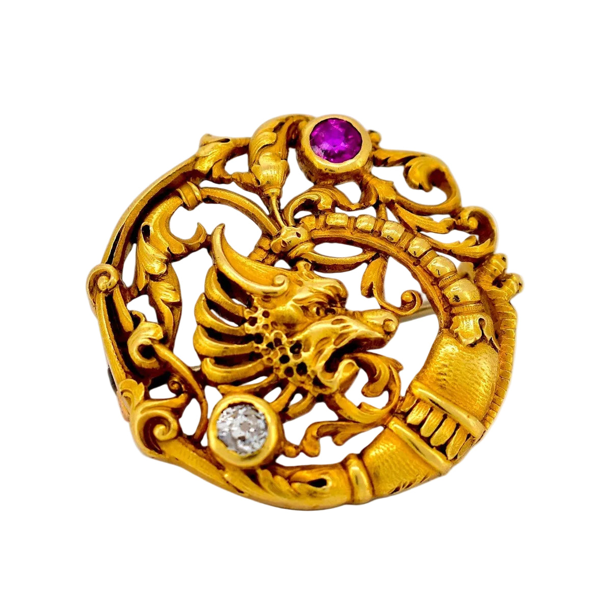 Broche Épingle en or jaune, rubis et diamant