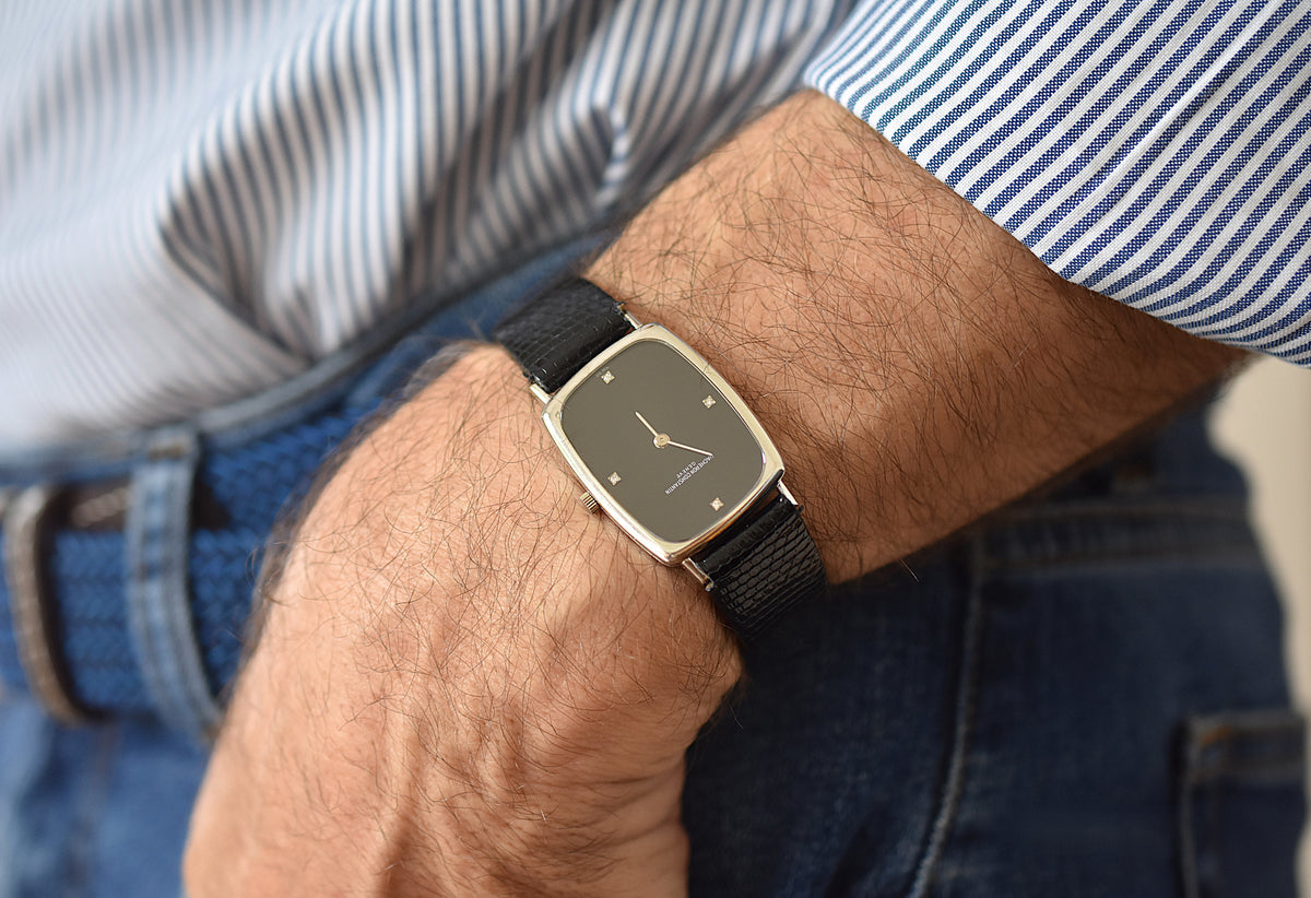 Montre VACHERON CONSTANTIN en or blanc, acier, cuir, onyx et diamants