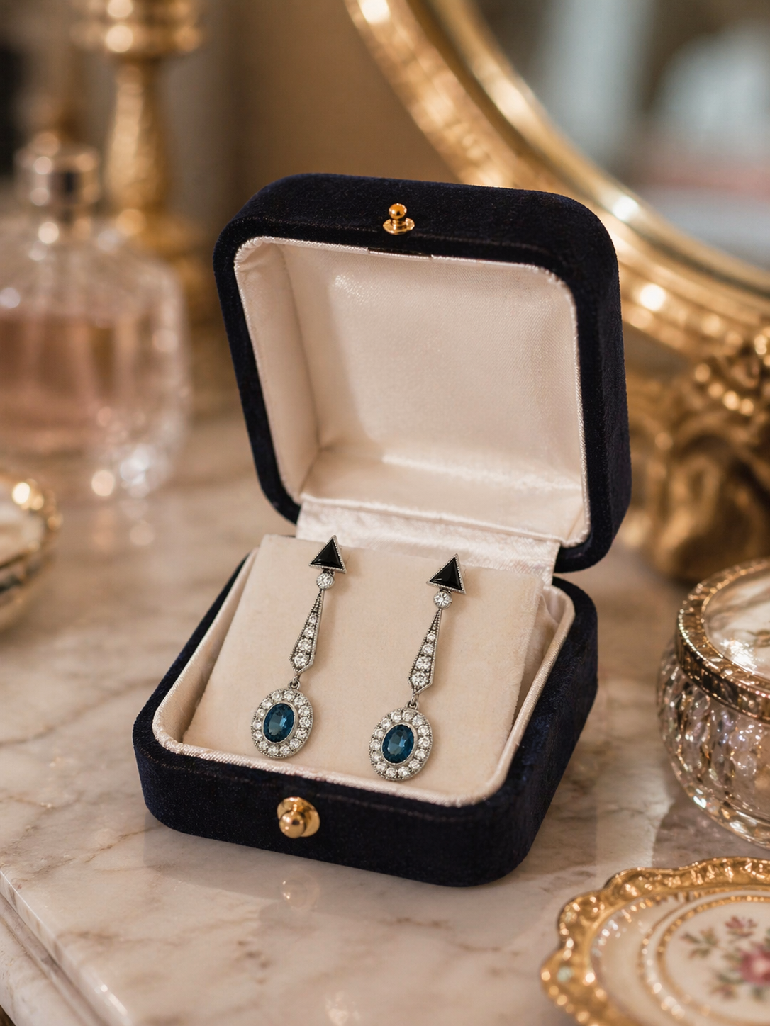 Boucles d'oreilles Pendantes en platine, onyx, saphirs et diamants