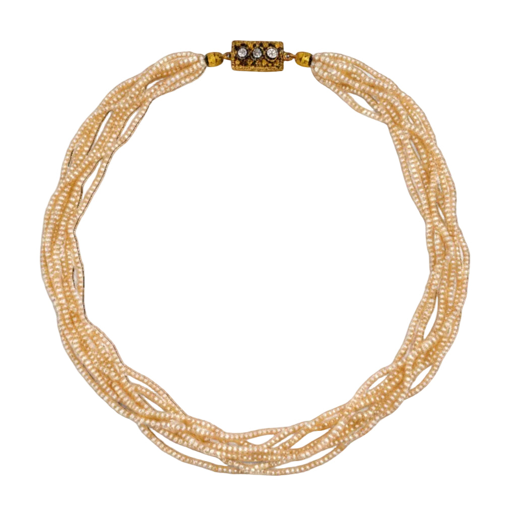 Collier Ras de Cou en or jaune, perles et diamants